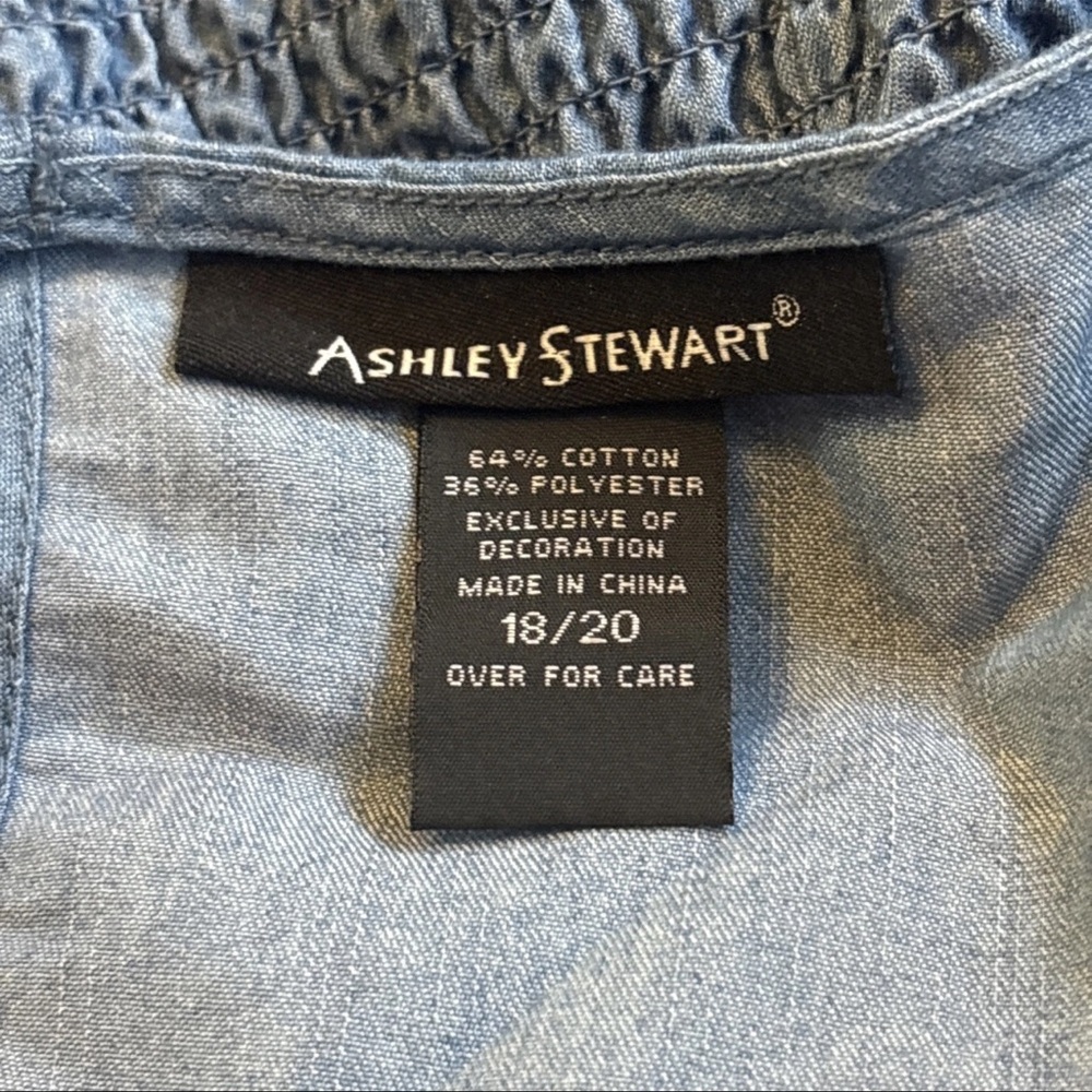 Ashley Stewart Smocked Peplum Stonewash Jean Blouse Flare Sleeve Fairy SZ 18/20 - Picture 15 of 16
